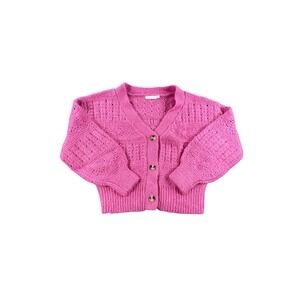 Lush Pink Pointelle Knit Cropped Cardigan Sweater V-Neck Balloon Sleeve Small